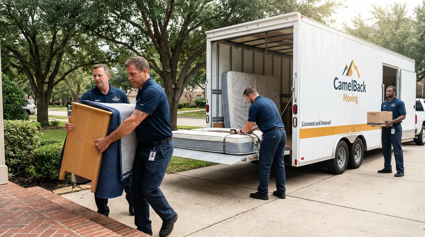 Crew loading residential truck for cross-state move from Linneus, MO