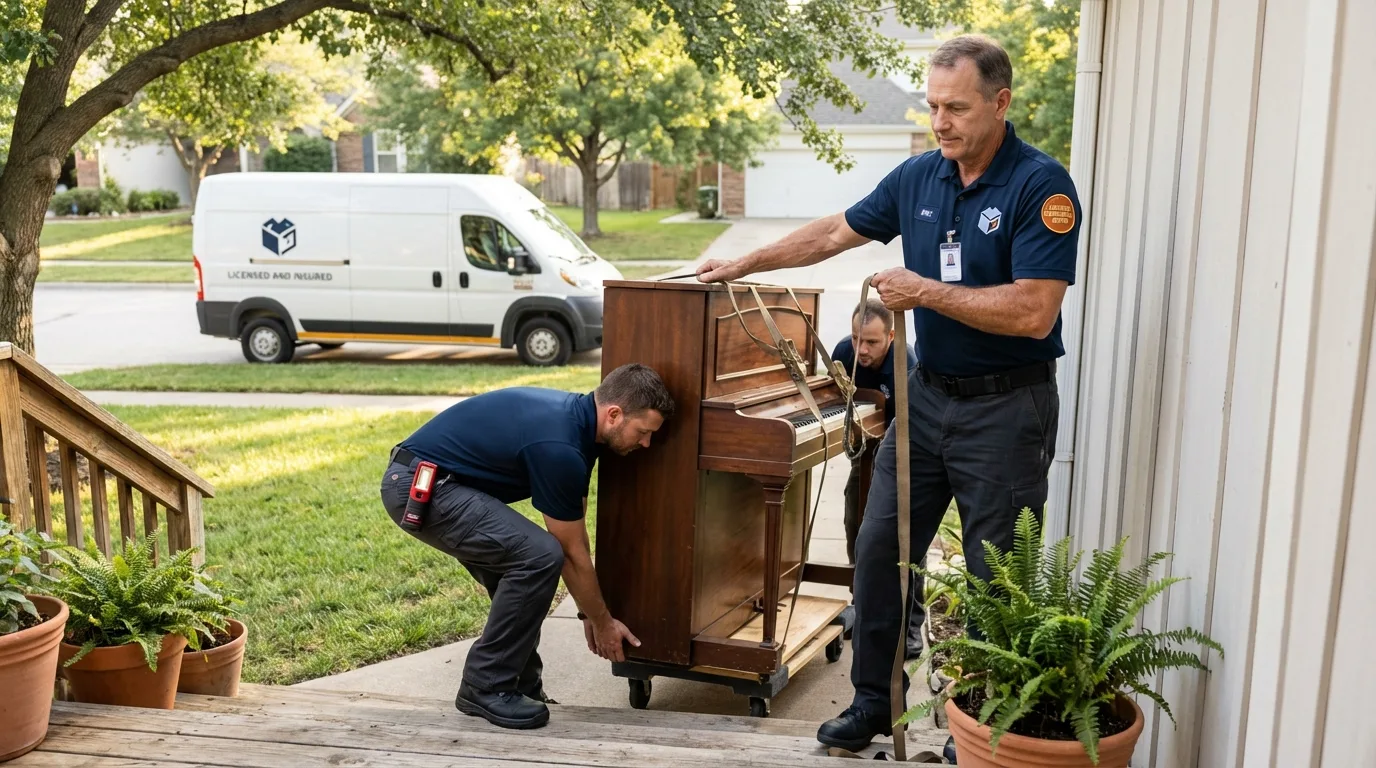 Licensed piano movers securing grand piano in Linneus, MO