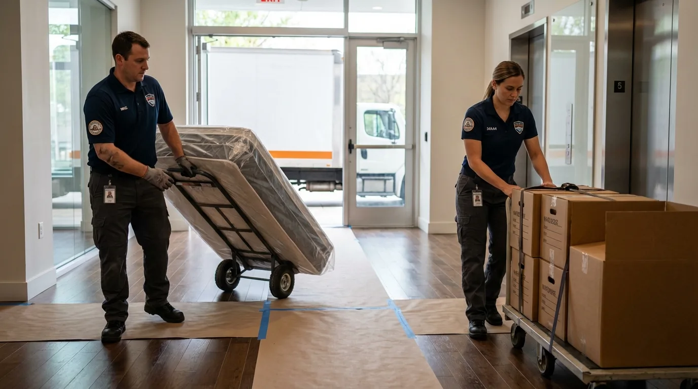 Professional apartment movers loading elevator in Linneus, MO